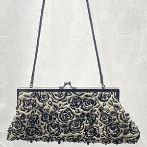 Vintage LANCOME Metal Frame Kiss Lock Clutch Shoulder Bag Beaded Sequin Floral